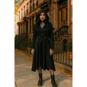 Gothic Cape Dress 2XL Black Hooded Cage Grommet Style Long Sleeve Witchy Emo